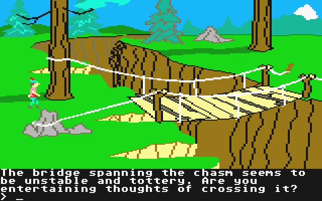 King's Quest II: Romancing the Throne (Atari ST) screenshot: Is that bridge safe for crossing?