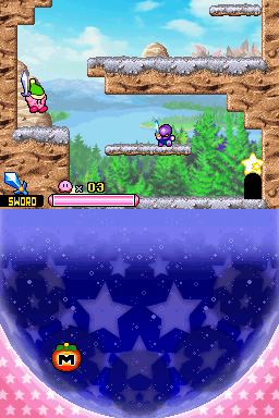 Kirby: Squeak Squad (Nintendo DS) screenshot: Sword-Kirby is about to meat his match.