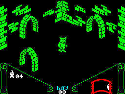 Knight Lore (ZX Spectrum) screenshot: You change to a werewolf when the moons up