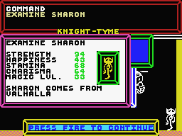 Knight Tyme (MSX) screenshot: Examining Sharon