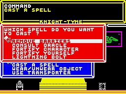 Knight Tyme (ZX Spectrum) screenshot: The spells menu