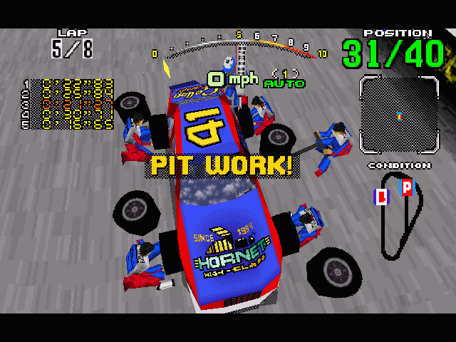 Daytona USA (Windows) screenshot: Pulling in for a pitstop