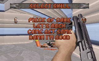 Duke Nukem 3D (DOS) screenshot: Difficulty selection with colorful titles!