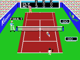 Konami's Tennis (MSX) screenshot: The ball fetcher picks up the ball
