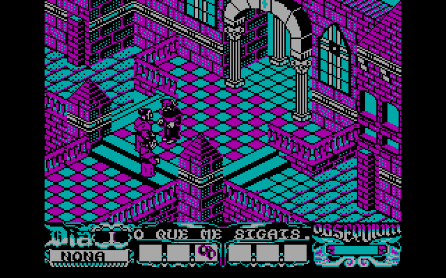 La Abadía del Crimen (DOS) screenshot: Talking with the monk (CGA Monochrome)