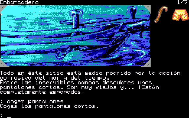 La Diosa de Cozumel (DOS) screenshot: Two canoes, one of them has the needed trousers