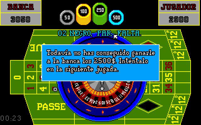 La Colmena (DOS) screenshot: Damn... this roulette hates me :(