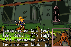 Lady Sia (Game Boy Advance) screenshot: A small tutorial - The cloak figure will guide you out onto the city and teach you various abilities Sia can perform.