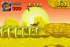 The Land Before Time Collection (Game Boy Advance) screenshot: Walking across dinosaur bones is common