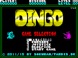 Dingo (ZX Spectrum) screenshot: Controls menu (2015 v.).
