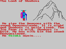 The Lords of Midnight (ZX Spectrum) screenshot: Dragonslayer and Wolfslayer swords are both near-certain to win their respective fights