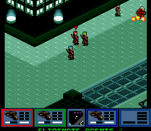 Syndicate (SNES) screenshot: Be careful of those innocent by-standers.