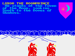 The Lords of Midnight (ZX Spectrum) screenshot: Everything is illustrated on screen, with 8 directional view