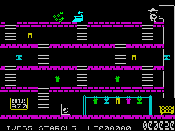 Mr. Wong's Loopy Laundry (ZX Spectrum) screenshot: Level 1.<br> He has to drop all the pieces of clothing at the laundry chute.