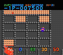 Lot Lot (NES) screenshot: The section with the thin red line is filled with balls. The crab will cut the line with its razor sharp claws.