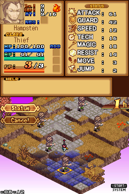 Luminous Arc (Nintendo DS) screenshot: A look at how the information is laid out over the two screens. Unit Info on the top, unit positions on the bottom Here the player faces the fearsome "Hampsten".