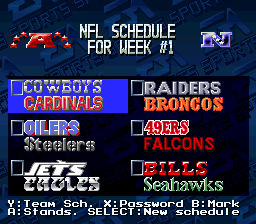 Madden NFL '94 (SNES) screenshot: Season schedule