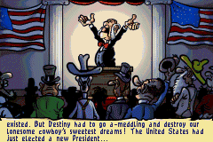 Lucky Luke: Wanted! (Game Boy Advance) screenshot: Intro: Lucky Luke thought that he and his town can finally enjoy some peace but then a new president...