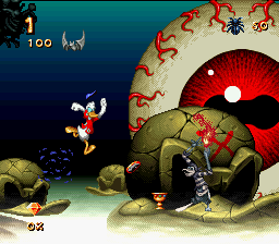 Maui Mallard in Cold Shadow (SNES) screenshot: Either that's an eyeball-shaped planet, or someone's eye has popped out of surprise seeing that Maui made it this far in his challenging adventure.