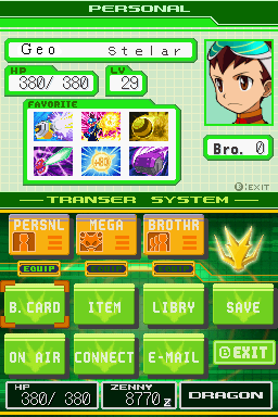 Mega Man Star Force: Dragon (Nintendo DS) screenshot: Stats