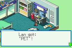 Mega Man Battle Network 4: Red Sun (Game Boy Advance) screenshot: Lan picks up his PET with Mega Man to start the game