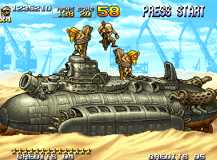 Metal Slug 5 (Neo Geo) screenshot: Arriving in a desert, Fio meets two tied hostages on the Sandmarine: it's time to finish Mission 4!