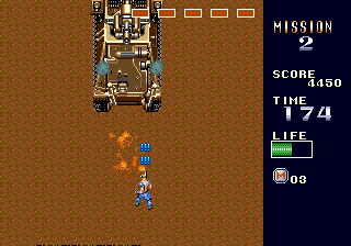 Mercs (Genesis) screenshot: Level 2 boss, still needing 5 big hits