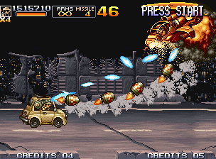 Metal Slug 5 (Neo Geo) screenshot: Equipped with the Slug Car, Fio shoots a set of bullets and homing missiles to destroy a helicopter.