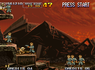 Metal Slug 5 (Neo Geo) screenshot: Surrounded by a massive troop of lieutenants, Fio quickly ducks to escape from a future gun shot.