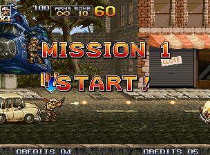 Metal Slug 4 (Neo Geo) screenshot: After landing of a enforced helicopter "guided" by Eri, Fio starts Mission 1 shooting in a car.