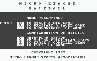 MicroLeague Baseball (Atari ST) screenshot: Main Menu