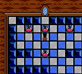 Mickey's Ultimate Challenge (Game Gear) screenshot: As she gets shrunk, Minnie has to push potion flasks into the magic mirror, so Donald can use the potions to make a powder and bring her back to normal.