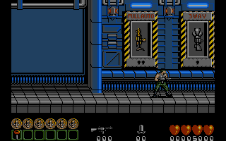 Midnight Resistance (Atari ST) screenshot: The armory. Collected keys can be used to get a better weapons
