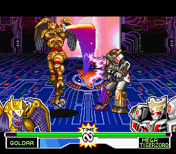 Mighty Morphin Power Rangers: The Fighting Edition (SNES) screenshot: Goldar ground-striking Mega Tigerzord through the long range of his anti-air move Sword Uppercut.