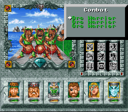 Might and Magic III: Isles of Terra (SNES) screenshot: Fighting a few orc warriors