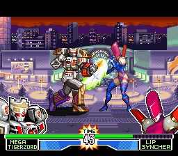 Mighty Morphin Power Rangers: The Fighting Edition (SNES) screenshot: Mega Tigerzord attacks Lipsyncher using an upper-based punch, but she blocks his offensive on time.