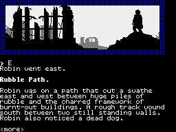 Mindfighter (ZX Spectrum) screenshot: Burnt-out buildings, dead dogs, rubble - grim
