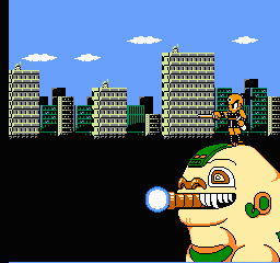 Mitsume ga Tōru (NES) screenshot: Intro2 - the guy orders to attack and the city is destroyed