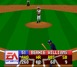 MLBPA Baseball (SNES) screenshot: First up in Bernie Williams. These are his stats.