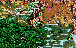 Moonstone: A Hard Days Knight (Amiga) screenshot: The red dragon is the toughest enemy in the game, the one you won't be able to win against till the end of your adventure. Unfortunately after a few turns he flies over the land and may get knights.