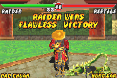 Mortal Kombat: Tournament Edition (Game Boy Advance) screenshot: Rayden defeats Reptile successfully in the Round 2 and executes his winning pose.