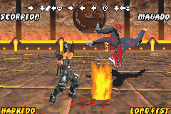 Mortal Kombat: Tournament Edition (Game Boy Advance) screenshot: Practice session showing Scorpion using his move Summon Hellfire against Mavado.