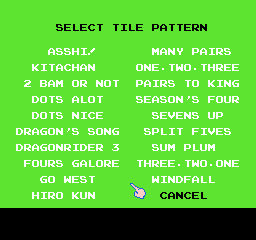 Shanghai (NES) screenshot: Select tile pattern. Who the f*ck is Kitachan?