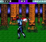 Mortal Kombat 4 (Game Boy Color) screenshot: Fujin grabs Reiko and prepare the move conclusion.