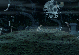 Mr. Bones (SEGA Saturn) screenshot: In platform stages our undead hero loses limbs as he takes damage.