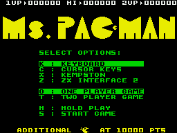 Ms. Pac-Man (ZX Spectrum) screenshot: Title screen and game options
