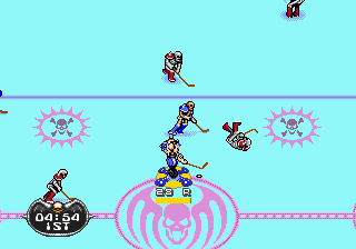 Mutant League Hockey (Genesis) screenshot: 22R has the puck at his feet