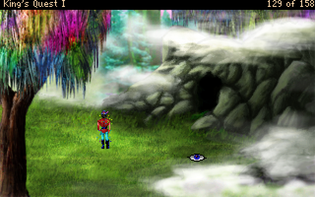 King's Quest: Quest for the Crown (Windows) screenshot: Graham is protected by the fairy godmother's spell - and in this version the swirling "force field" around him is rainbow-colored!
