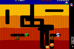 Namco Museum: 50th Anniversary (Game Boy Advance) screenshot: Dig Dug - Trying to crush an enemy with a rock.