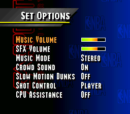 NBA Live 95 (SNES) screenshot: For some style activate slow-mo dunks in the options menu.